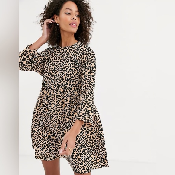 ASOS DESIGN Long Sleeve Smock Mini Dress in leopard - Picture 1 of 6